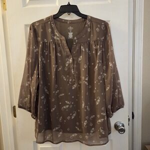 St. John's Bay sz 3X brown paisley chiffon tunic top boho peasant garden cottage